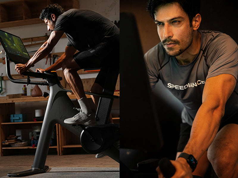 Person using a stationary bike with a close-up of their face and body in a gym setting.