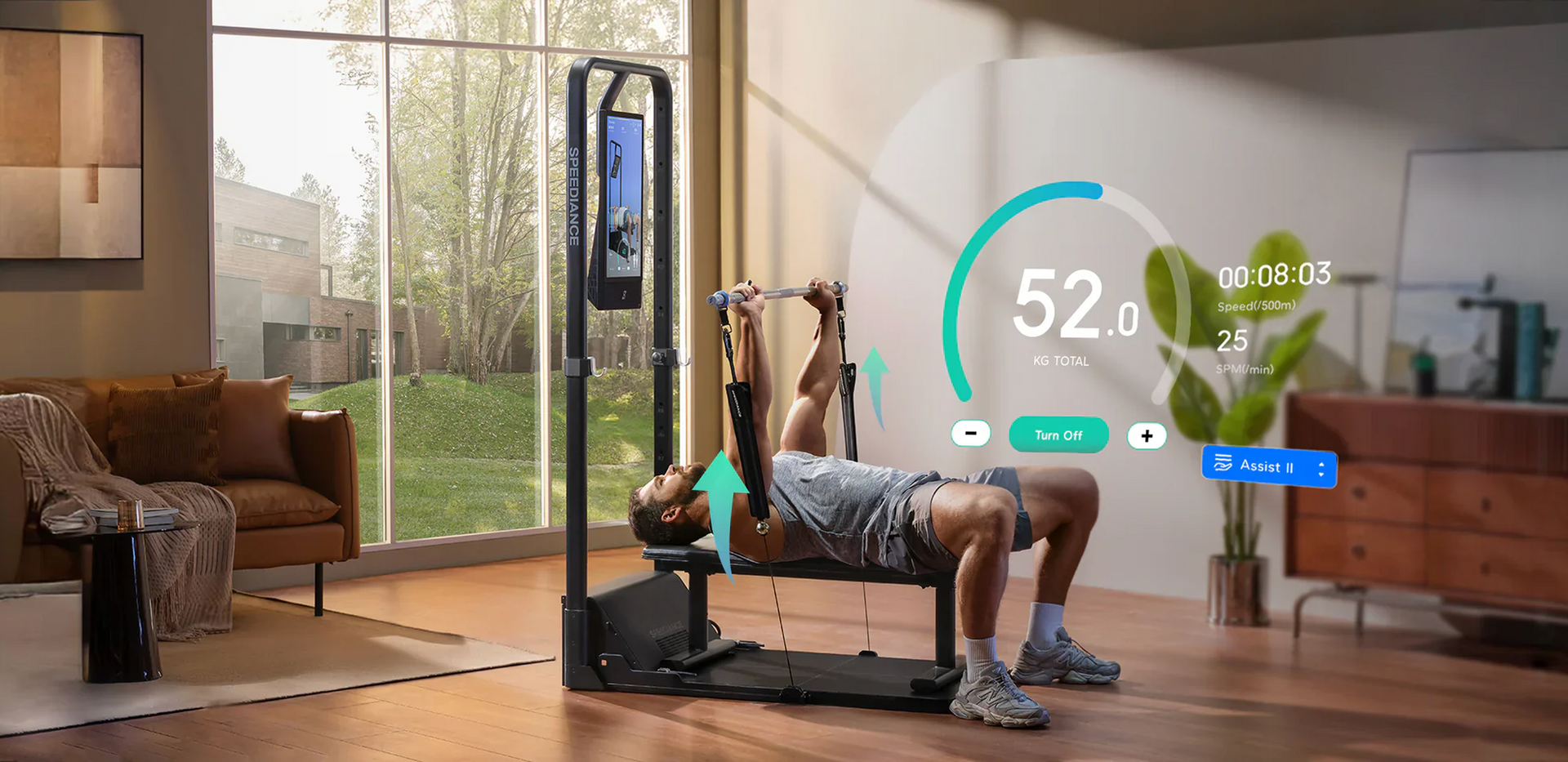 Person using a home gym machine with digital display in a modern living room.