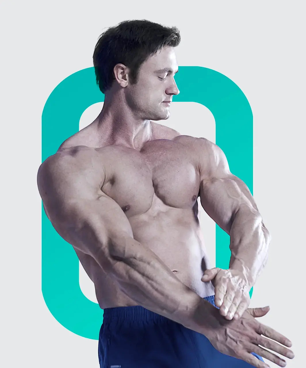 Muscular man posing against a light gray background with a teal abstract design.