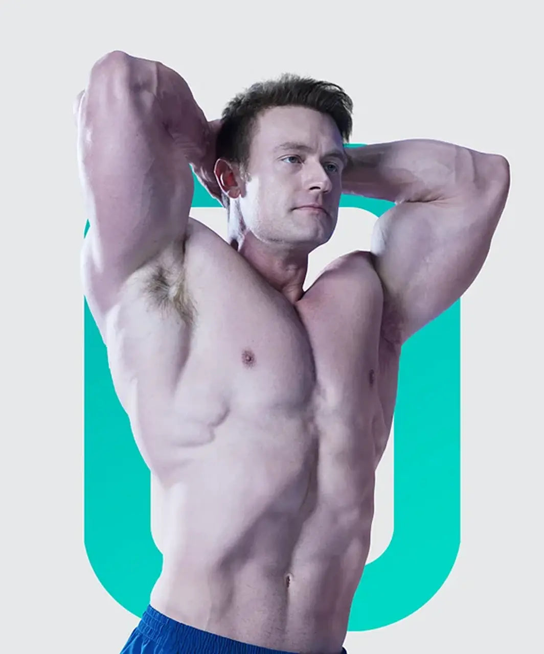 Muscular man flexing his arms against a light blue background with a large letter 'U'.