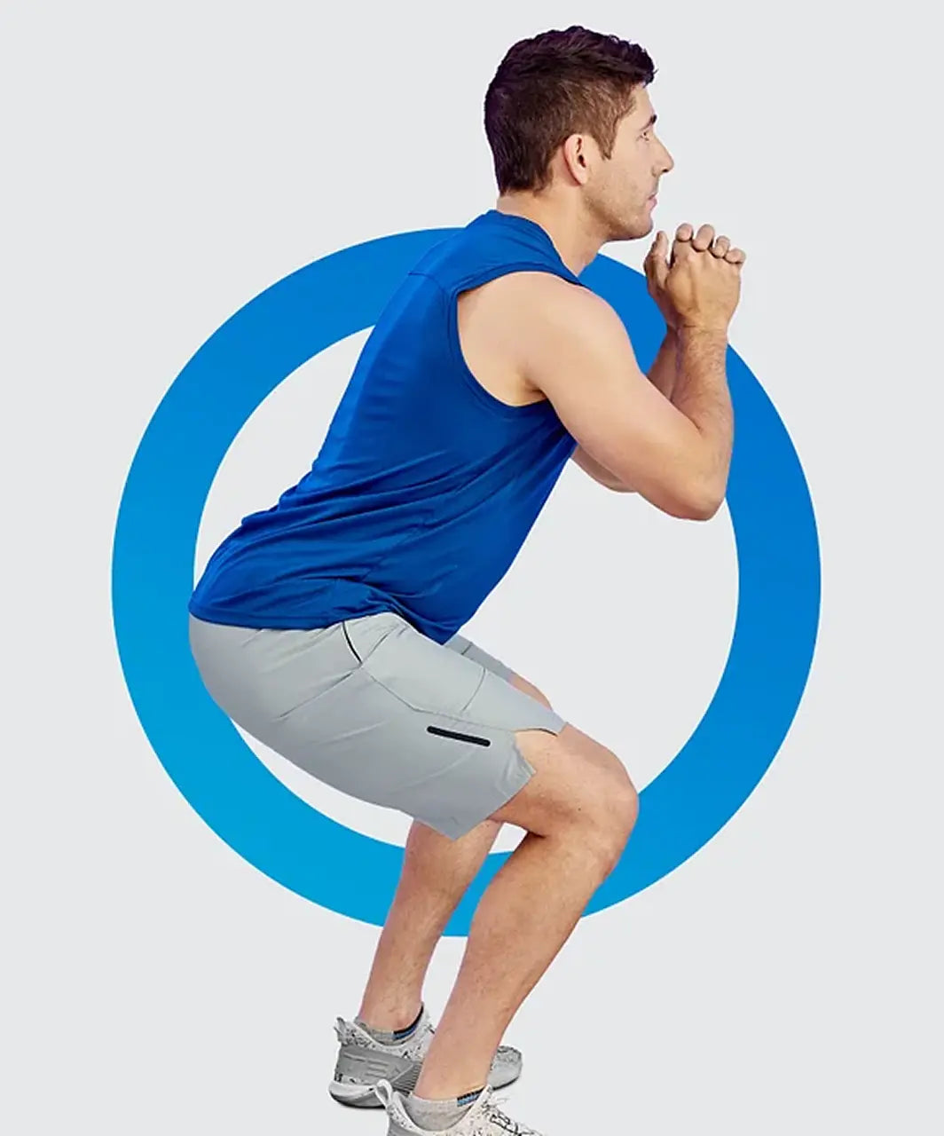 Man performing a squat exercise with a blue circle around him on a light gray background