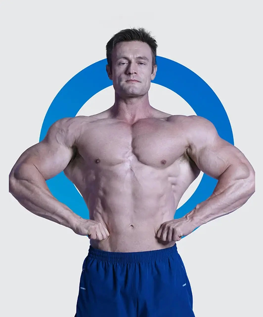 Muscular man posing with a blue circle background