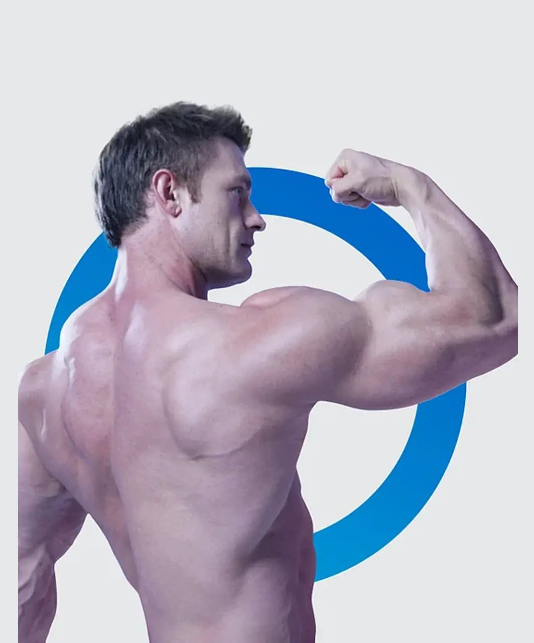 Muscular man flexing his arm against a light gray background with a blue circle.