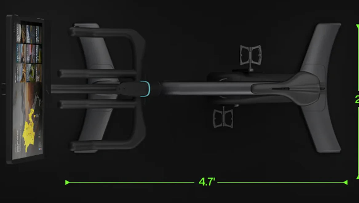 Top-down view of a gaming chair with screen and controls, on a black background.
