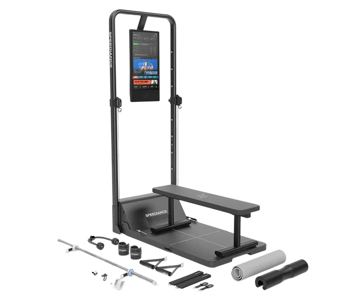 Gym setup with weight rack, bench, and various accessories on a white background