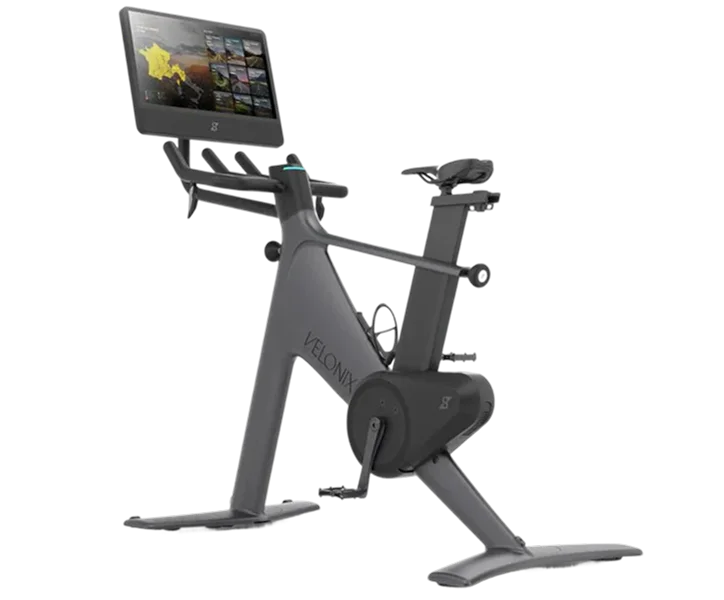 Stationary bike with a digital display on a white background