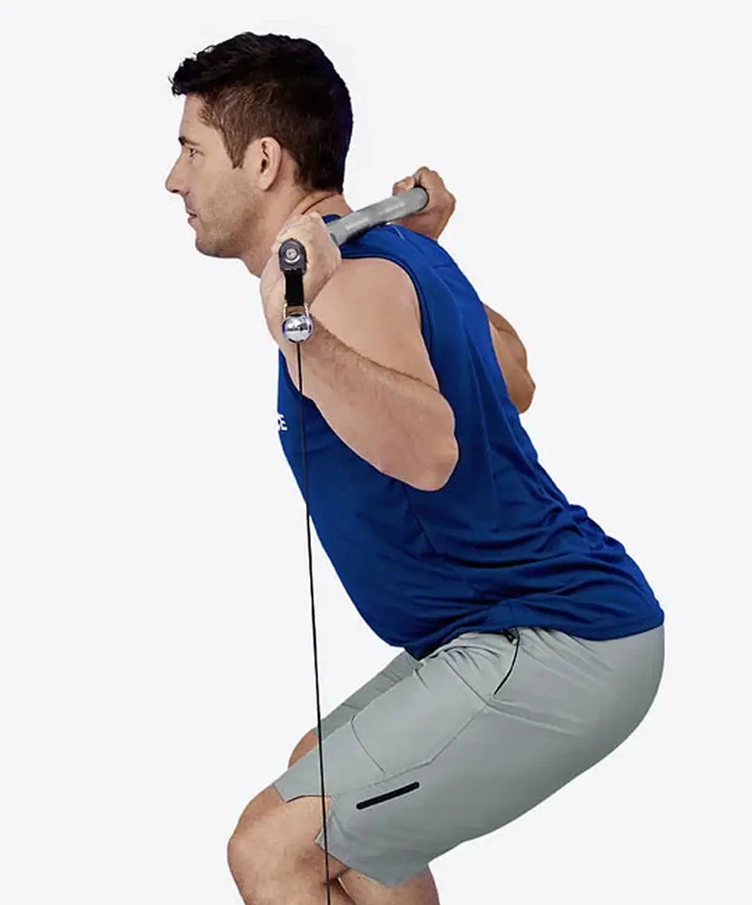 Man exercising with resistance bands on a white background