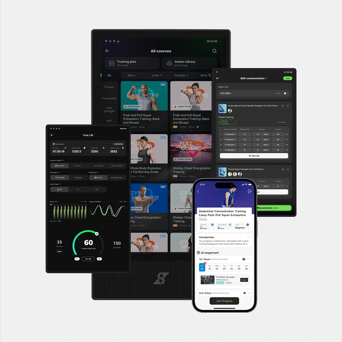 Collection of fitness app interfaces on tablets and a smartphone.