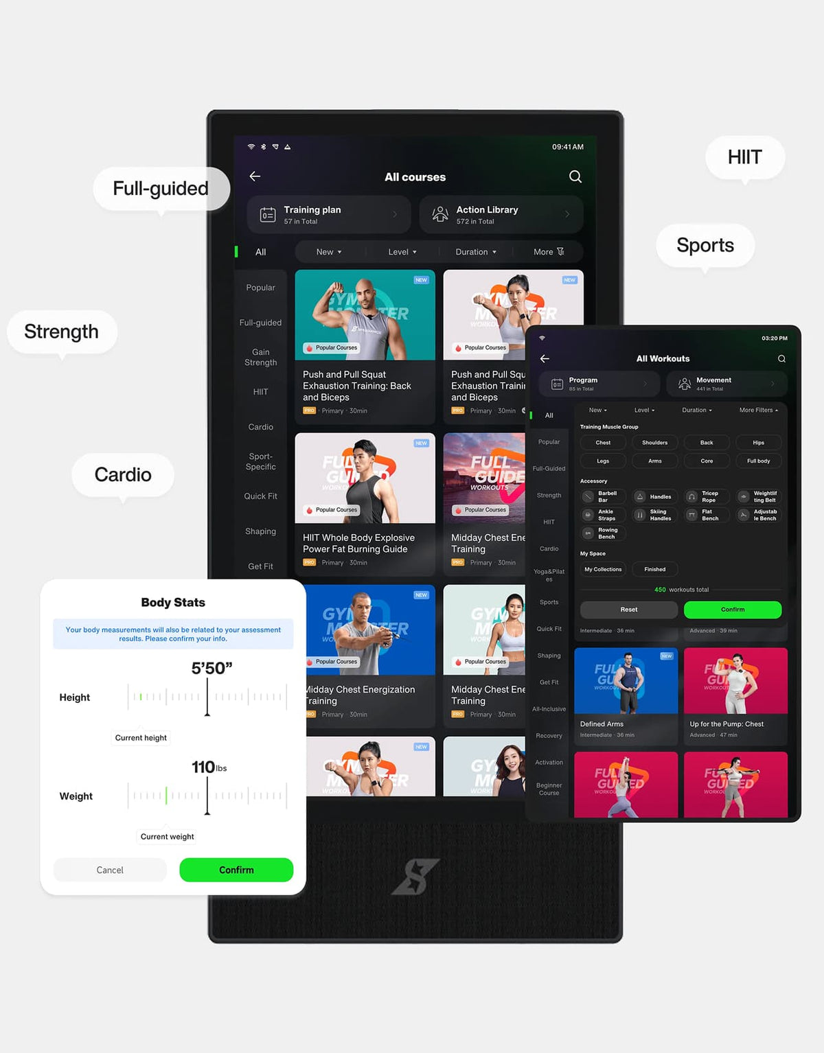 Fitness app interface on a tablet with workout categories and body stats displayed.