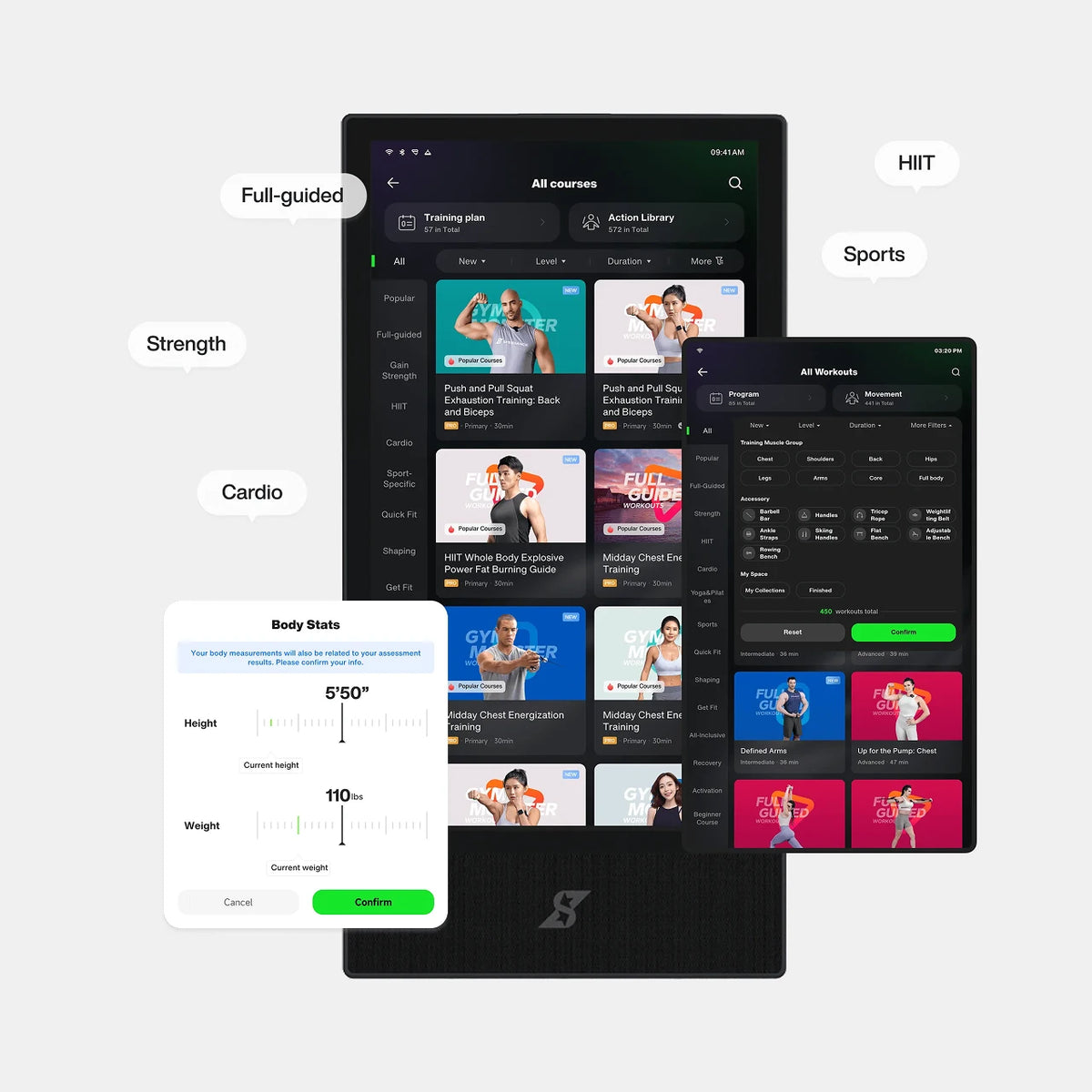 Fitness app interface with workout categories and user profile on a white background
