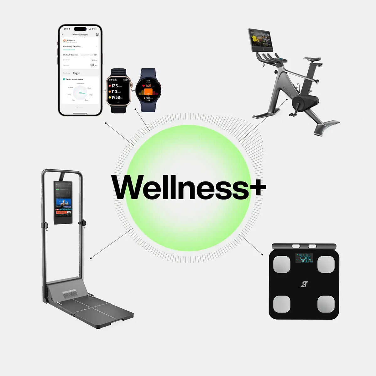 Collection of wellness and fitness products with 'Wellness+' branding on a white background.