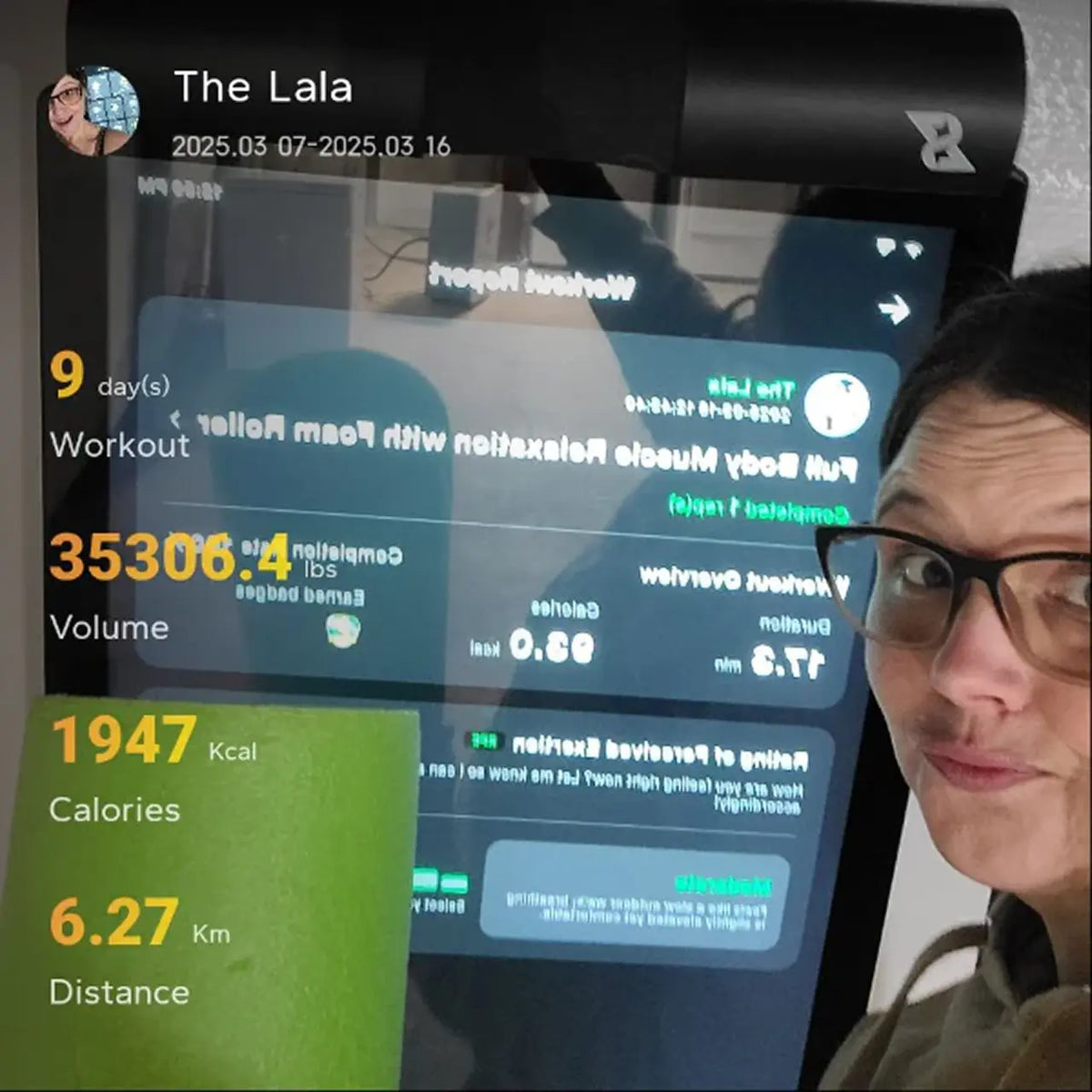 Person using a fitness tracker with digital display showing workout stats.