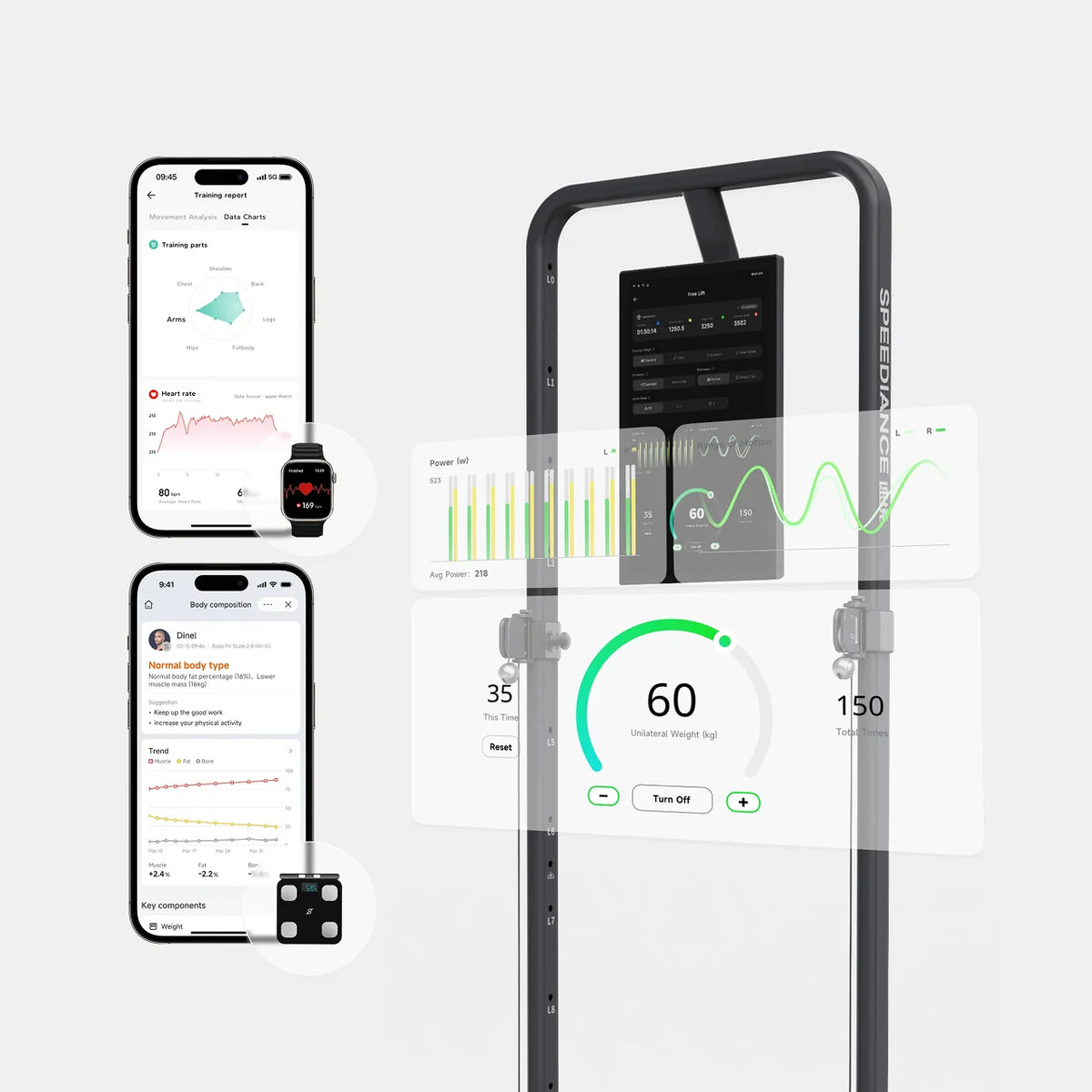 Smart device with digital display and smartphone app interface on a white background