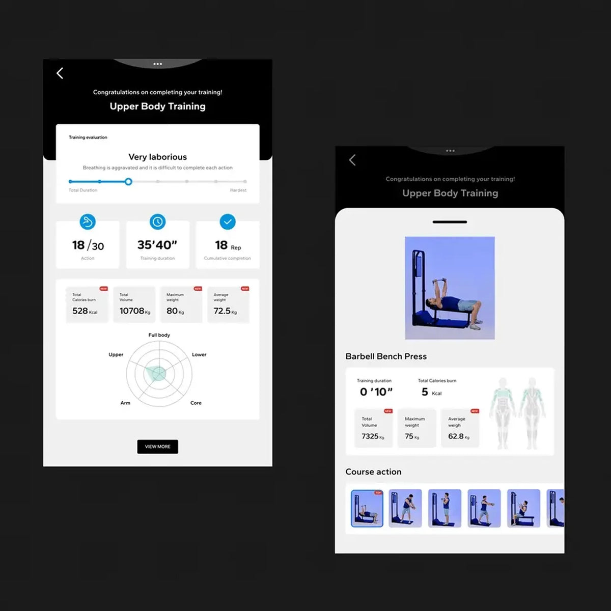 Two smartphone screens displaying fitness app interfaces with training progress and exercise options.