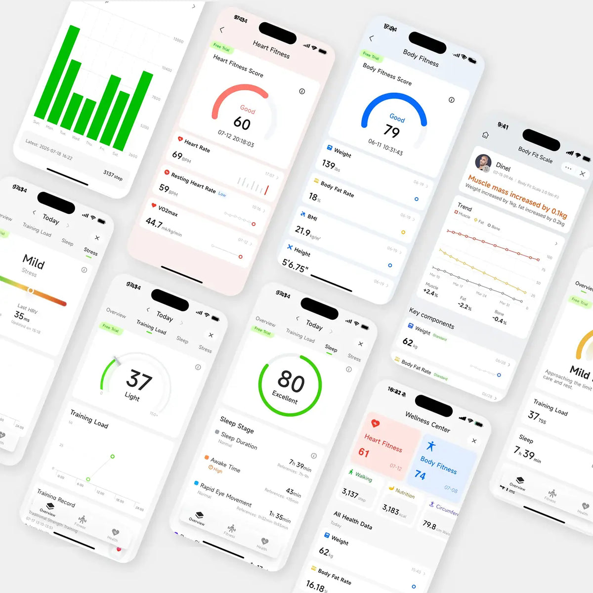 Multiple smartphone screens displaying health and fitness apps with various metrics.