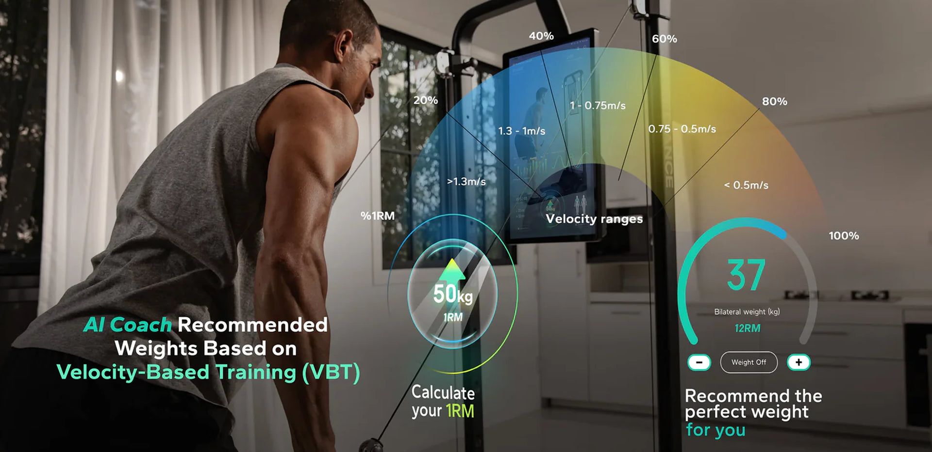 Person using a treadmill with AI Coach weight recommendation system displayed on screen
