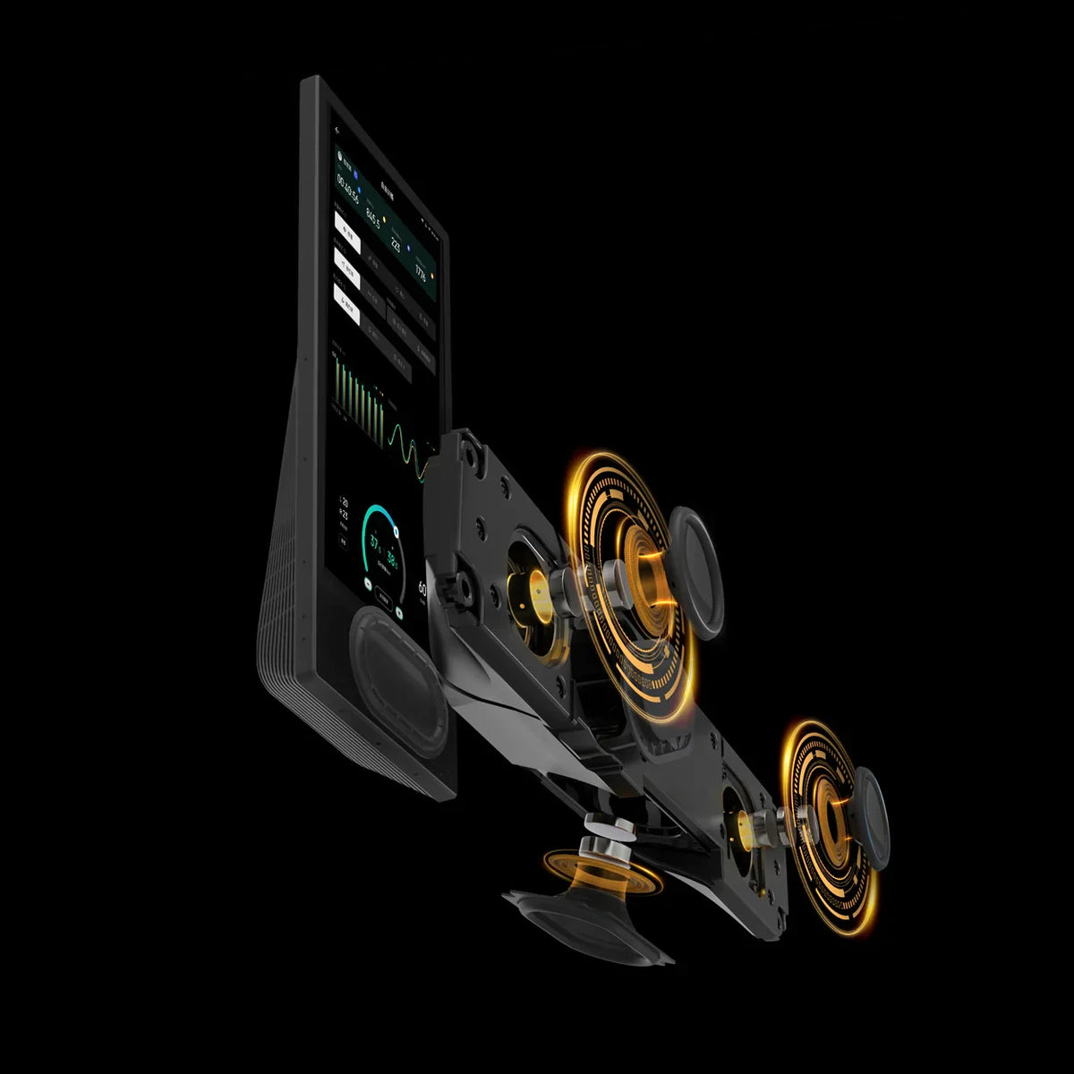 Technical diagram of a device with a screen and mechanical components on a black background
