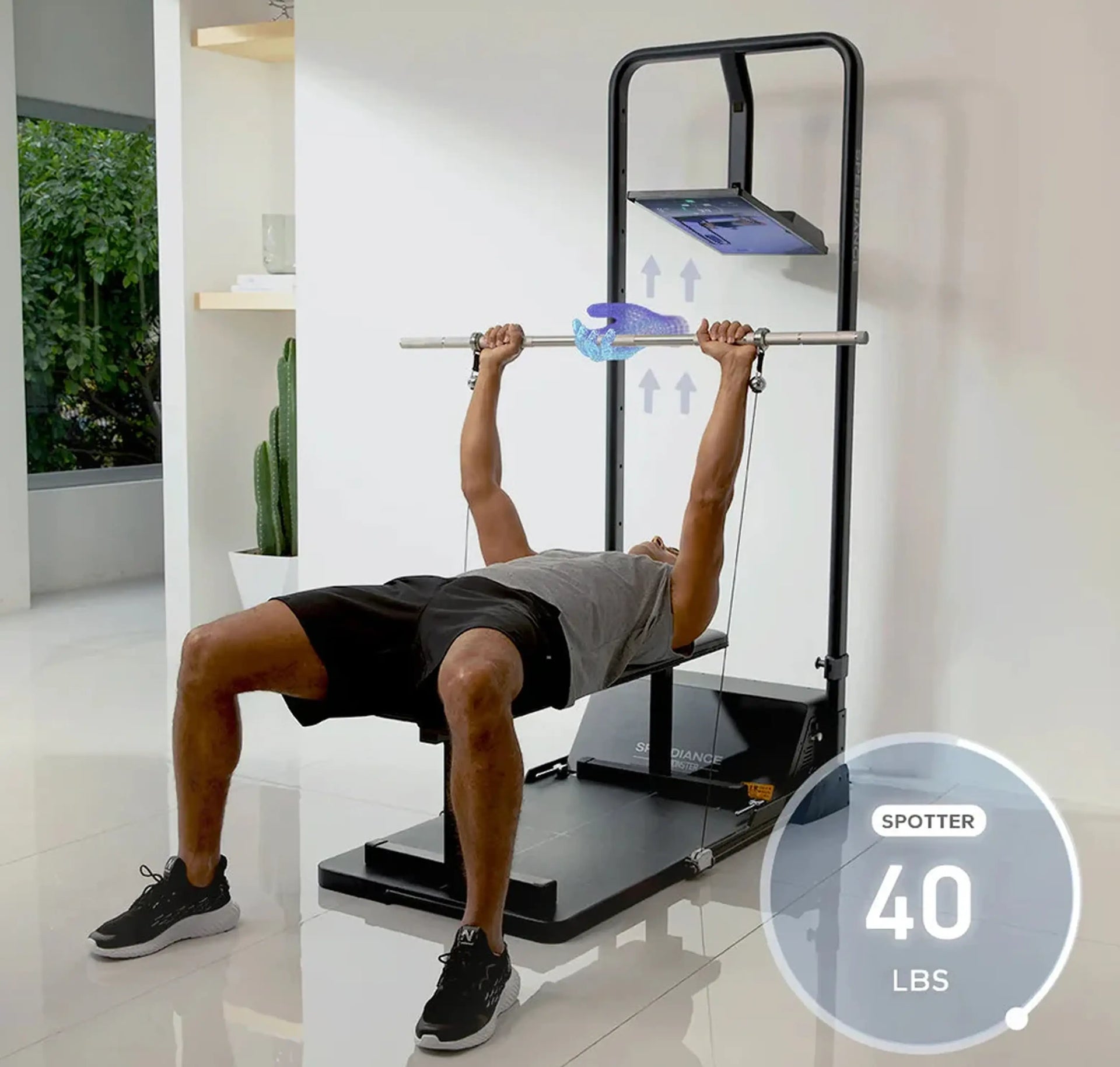 Person using a weight lifting machine with a spotter 40 lbs indicator in a home setting.