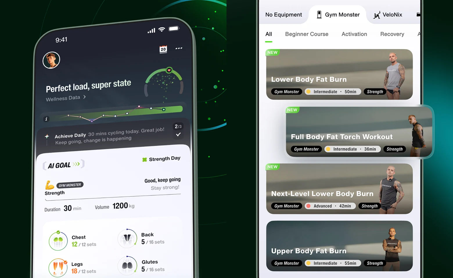 Fitness app interface on a smartphone screen with workout options and progress tracking.