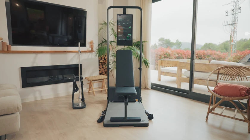 The home training space after the workout, with Gym Monster and bench